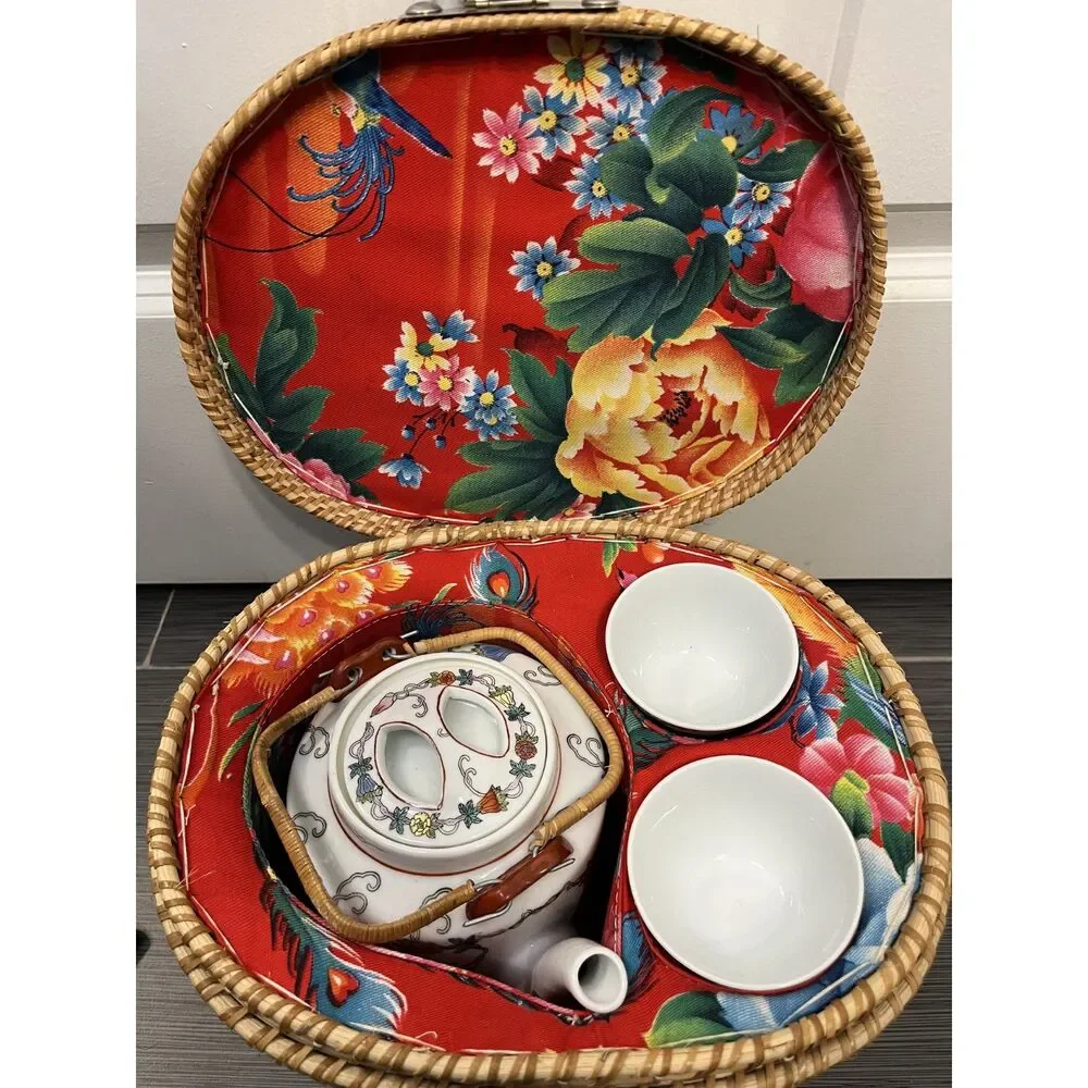Vintage Chinese Wicker Tea Basket With Tea Pot and Tea Cups- 4 Pieces - Picture 2 of 10